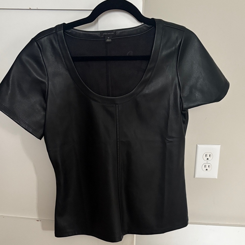 Ann Taylor Black Faux Leather Short Sleeve Top